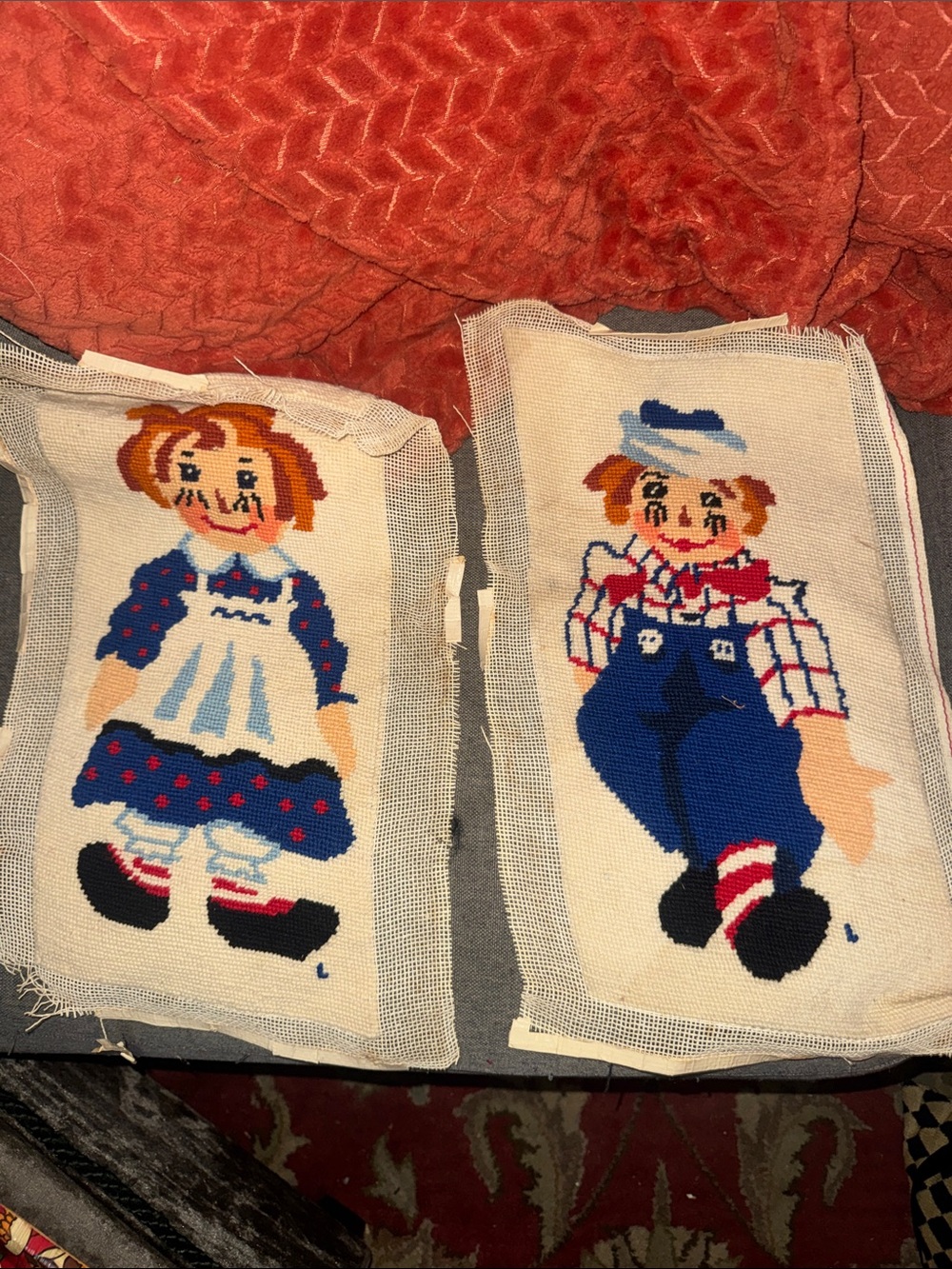 Vintage Raggedy Ann & Andy Needlepoint Tapestry Panels Set of 2 Handcrafted Fram